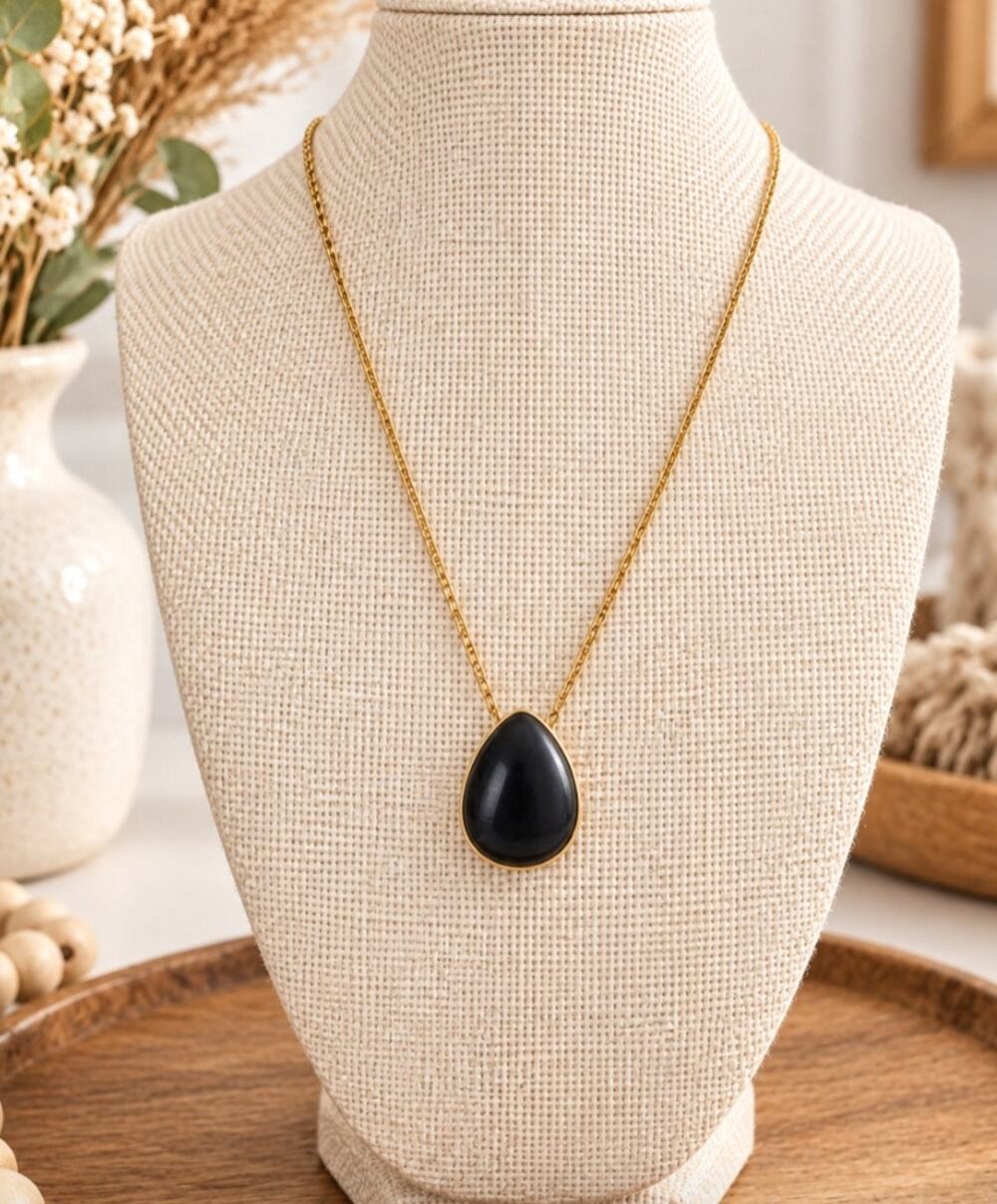 Pomina Gold Black Semi Precious Necklace New